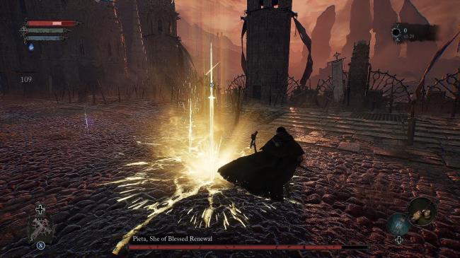 Player dodging Pieta holy swords attack Lords of the Fallen
