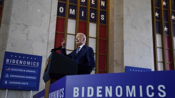 President Joe Biden delivers remarks on the economy, Wednesday, June 28, 2023, at the Old Post Office in Chicago. Biden has long struggled to neatly summarize his sprawling eco<em></em>nomic vision. On Wednesday, the president gave a speech on “Bidenomics” in the hopes that the term will lodge in voters’ brains ahead of the 2024 elections. But what is Bidenomics? Let’s just say the White House definition is different from the Republican one — evidence that catchphrases can be double-edged. (AP Photo/Evan Vucci, File)