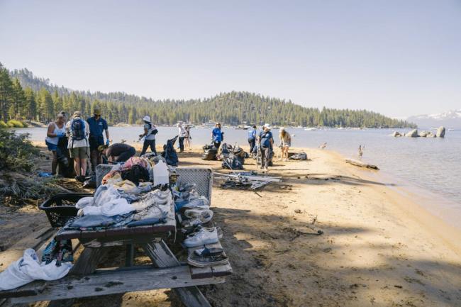 Volunteers with the League to Save Lake Tahoe clean trash at Zephyr Shoals on Lake Tahoe’s southeastern shore, Wednesday, July 5, 2023. (League to Save Lake Tahoe)
