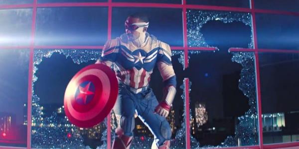 Anthony Mackie as Captain America Sam Wilson breaking through window in Falcon and the Winter Soldier