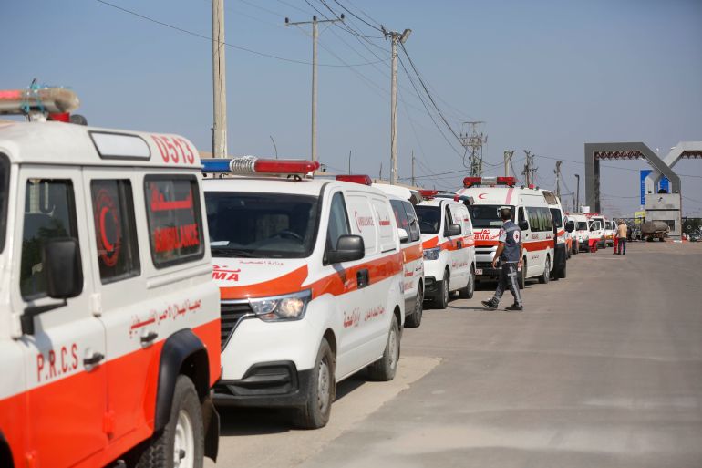 Egypt has allowed the medical transfer of dozens of wounded Palestinians through the Rafah border crossing for the first time since the Israeli offensive on the Gaza Strip began on October 7