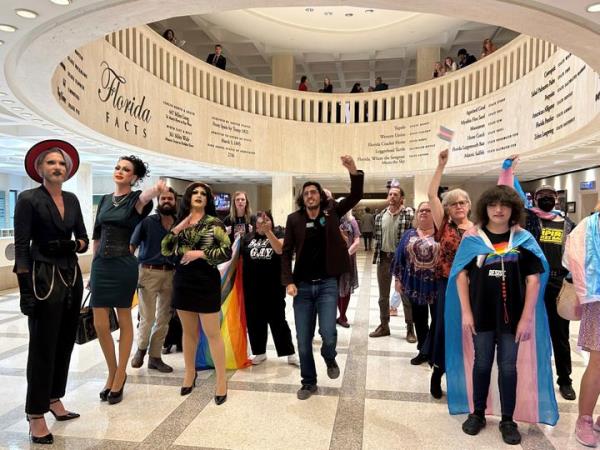 Demo<em></em>nstrators protest outside the Florida House chambers against bills the chamber passed on gender-transition treatments, bathroom use and keeping children out of drag shows in April.