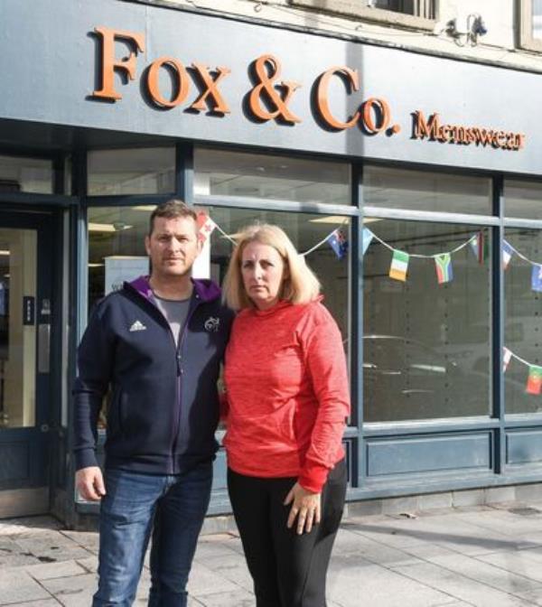  Damian and Laragh O'Brien of Fox & Co Menswear during the clean-up operation of their premises as a result of the flooding in Midleton Co Cork. Picture: David Keane.