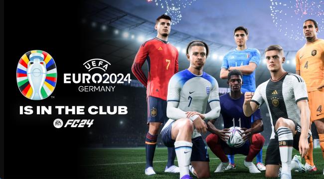Alvaro Morata, Jack Grealish, Ousmane Dembele, Federico Chiesa, Florian Wirtz and Virgil Van Dijk pose together in EASFC 24.