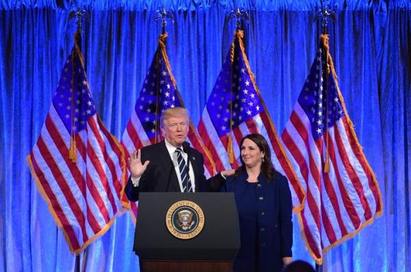 Then-President Do<em></em>nald Trump speaks after his introduction by RNC Chairwoman Ro<em></em>nna McDaniel at a fundraising breakfast in a restaurant in New York, New York on Dec. 2, 2017.