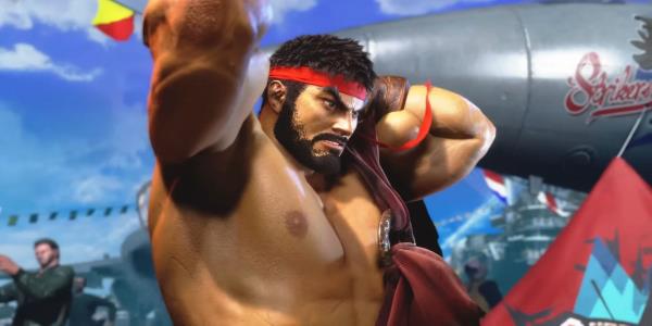 Ryu, a muscular man with short black hair and a full beard, stands with his hands behind his head in Street Fighter 6. He wears his signature red bandana.