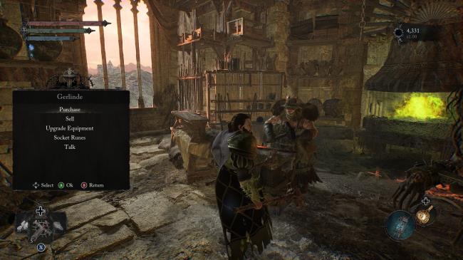 Player interacting with the blackmsith Gerlinde and showing her menu of services Lords of the Fallen