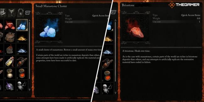 Left: Small Manastone Cluster item des<em></em>cription - Right: Briostone item des<em></em>cription Lords of the Fallen