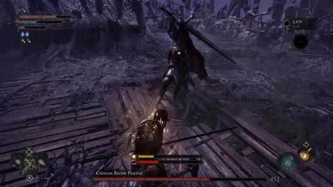 Player fighting Crimson Rector Percival boss Lords of the fallen