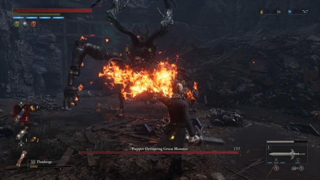 Player flashing Umbral Lamp on an enemy, and a box outlining the health bar with Withered Health Lords of the Fallen