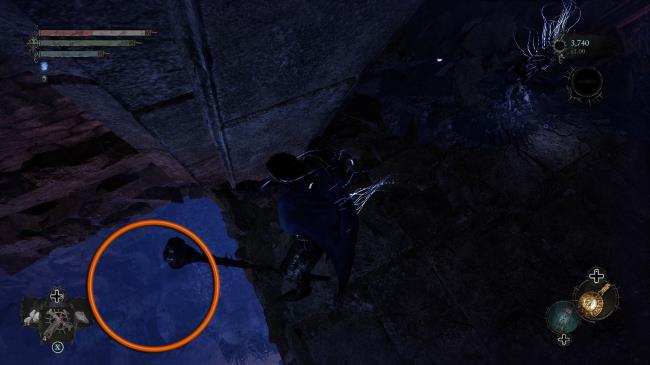 A circle showing a platform down below wher<em></em>e the character can jump down to Lords of the Fallen