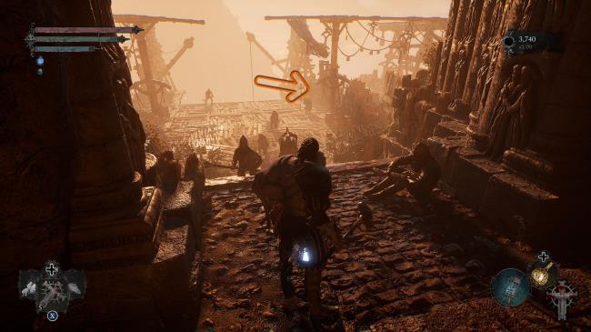 An arrow showing the path to the right that leads to the Skyrest Bridge Key Lords of the Fallen