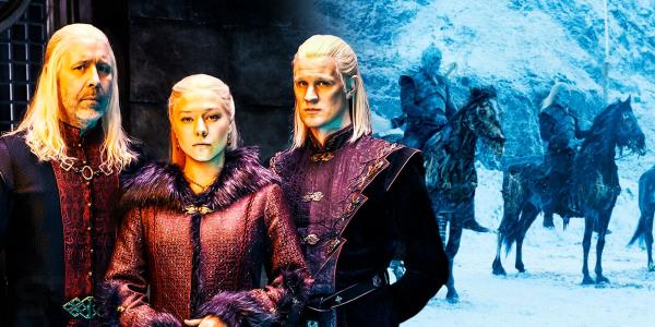 Custom image of Viserys, Daemon, and Rhaenyra in House of the Dragon and the White Walkers on horses in Game of Thrones