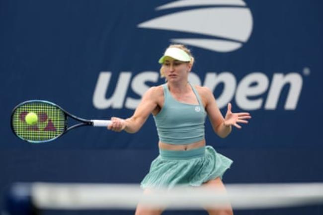 Daria Saville plays a forehand shot at the US open
