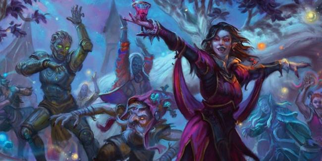 Vampiric woman dances with a glass in her hand while a warforged, drow, eladrin, and redcap dance behind her.