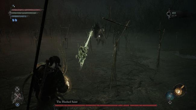 The Hushed Saint on the ground throwing his weapon at the player Lords of the Fallen