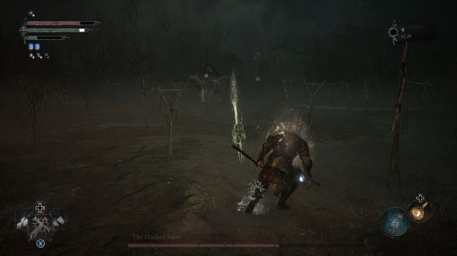 The Hushed Saint throwing his weapon at the player while he is mounted Lords of the Fallen