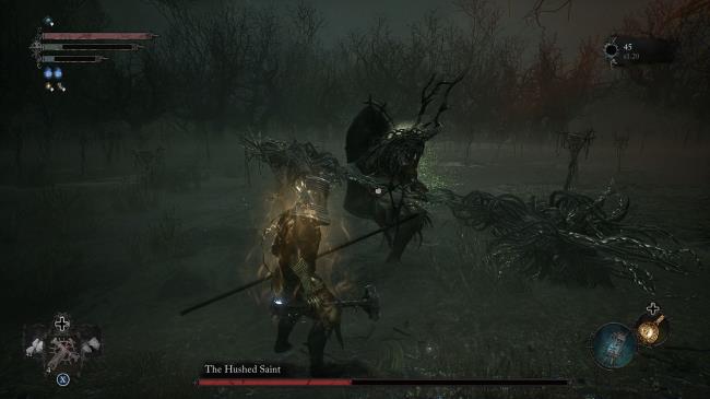 The Hushed Saint jump out from his horse and throw his weapon at the player Lords of the Fallen