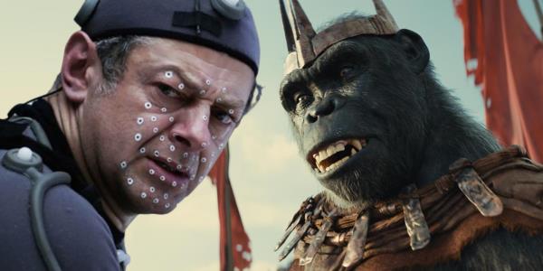 Andy Serkis in a motion capture suit alo<em></em>ngside still from Kingdom of the Planet of the Apes.
