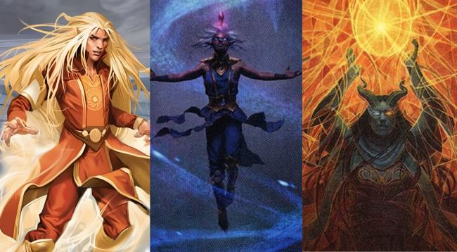 A collage of three different sorcerers. One is an elf glowing with white light, one is a human with a dark blue aura, and one is a tiefling summo<em></em>ning a large fireball