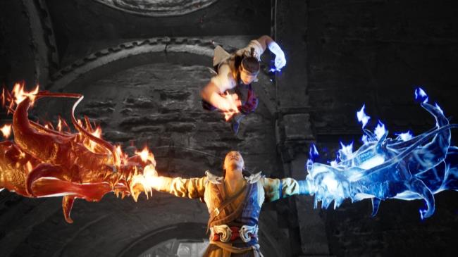 Liu Kang holding Shang Tsung in place with two fire dragons while he leaps above in Mortal Kombat 1.