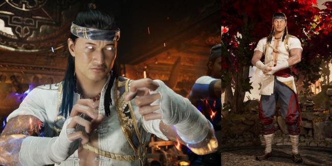 Liu Kang performing a fire kick with Stryker in the background in Mortal Kombat 1