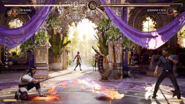 Liu Kang launches a low-hitting dragon projectile at Johnny cage in Mortal Kombat 1.