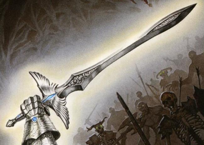 A person wearing a gauntlet holding up a magical sword to slay the undead in Dungeons & Dragons.
