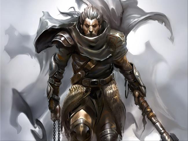 A cleric wielding a mace, holding an item, and wearing armor in Dungeons & Dragons.