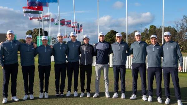 (L-r) Jye Pickin of Australia, Jack Buchanan of Australia, Jeff Guan of Australia, Lukas Michel of Australia, Harry Takis of Australia, Billy Dowling of Australia, Jake Riley of Australia, Max Charles of Australia, Jasper Stubbs of Australia, Co<em></em>nnor Fewkes of Australia and Quinnton Croker of Australia stand for a group photo prior to taking part in a practice round ahead of the 2023 Asia-Pacific Amateur Champio<em></em>nship being played at the Royal Melbourne Golf Club in Melbourne, Australia on Wednesday, October 25, 2023. Photograph by AAC.
