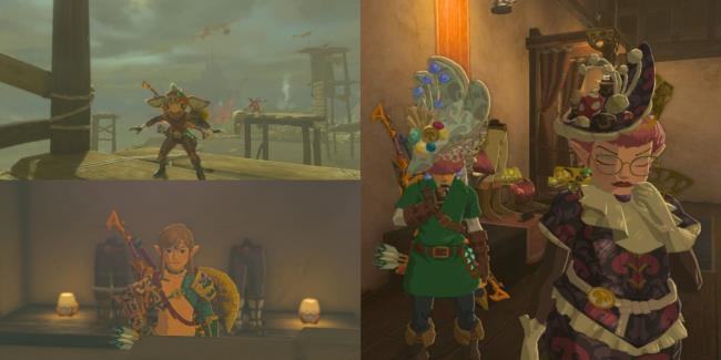 l<em></em>ink wearing a bokoblin mask, amber earrings, and the cece hat at cece's store with cece totk armor locations all armor sets all armor locations tears of the kingdom