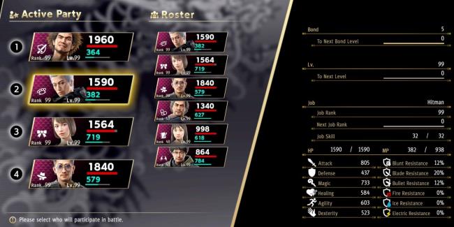 A list of Ichiban and his party's stats in Yakuza: Like A Dragon.