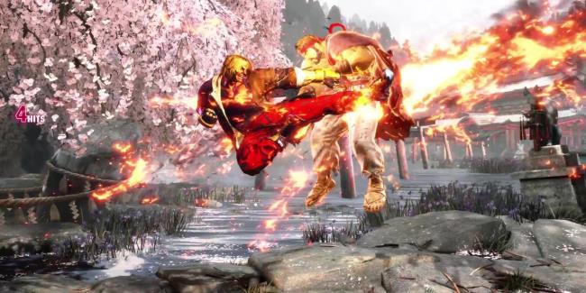 Ken pierces Ryu midair with his Drago<em></em>nlash Flame during a battle at Genbu Temple in Street Fighter 6.