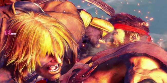 Ken crosses up Ryu with an Aerial Tatsumaki Senp-kyaku during a battle at Genbu Temple in Street Fighter 6.