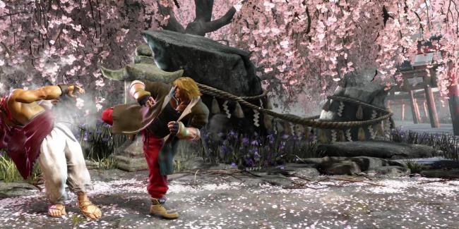 Ken approaches Ryu with a Jinrai Kick during a battle at Genbu Temple in Street Fighter 6.