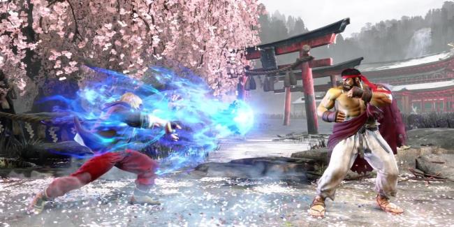 Ken aims a Hadoken at Ryu during a battle at Genbu Temple in Street Fighter 6.