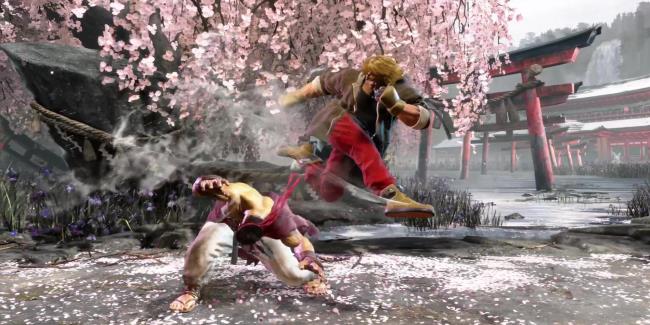 Ken jams his fist into Ryu with a Shoryuken during a battle at Genbu Temple in Street Fighter 6.