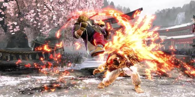 Ken juggles Ryu in the air with a Tatsumaki Senp-kyaku during a battle at Genbu Temple in Street Fighter 6.